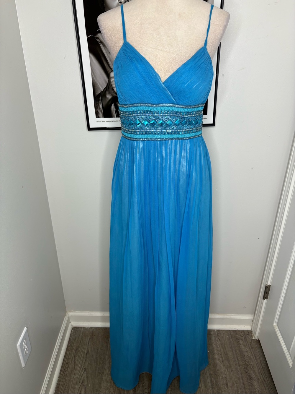 Adrianna Papell Turquoise Spaghetti-Strap Beaded Waist Maxi Dress